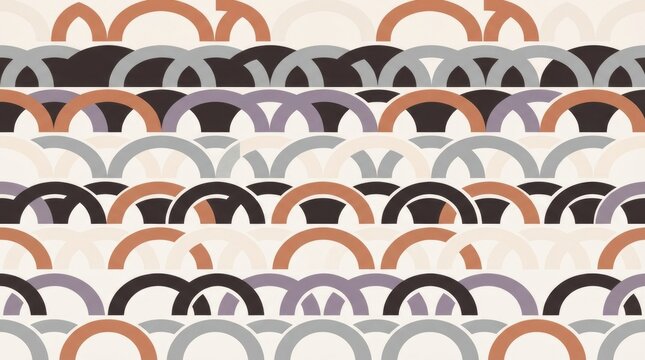 Seamless pattern with overlapping semicircle arches in muted shades of terracotta, grey, and dark brown on a cream colored background