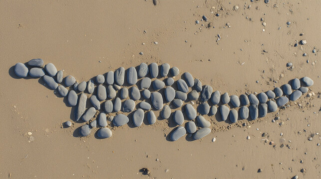 Silhouette of a plesiosaur crafted with gray river pebbles atop a sand shore