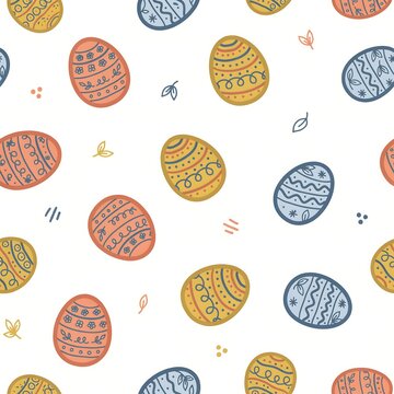 Seamless easter pattern with decorative eggs featuring floral and geometric line