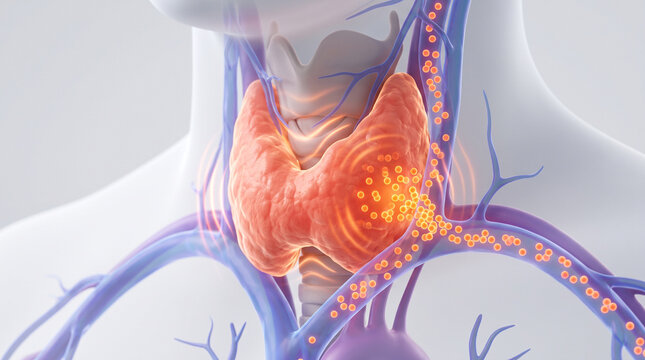 Detailed anatomical visualization showing human thyroid gland function with hormonal secretion pathways inside neck