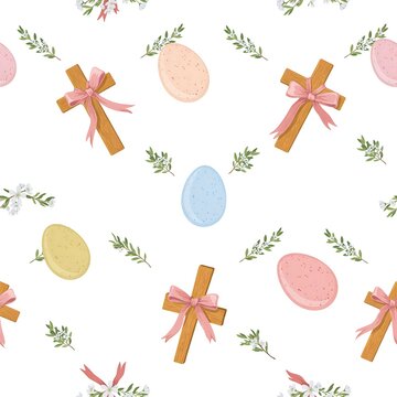 Seamless pattern of easter eggs, wooden crosses with pink bows, and green sprigs on white background