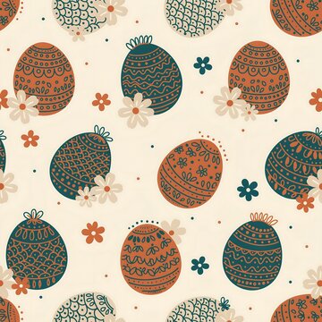 Seamless pattern of ornate easter eggs with floral details and small flowers on a light cream background