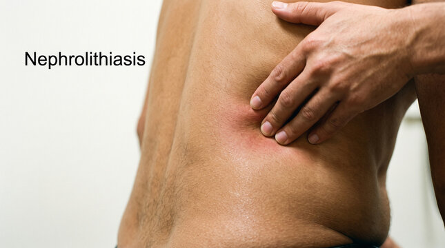 Patient suffering from severe kidney stone pain touching lower back with sore inflammation symptoms