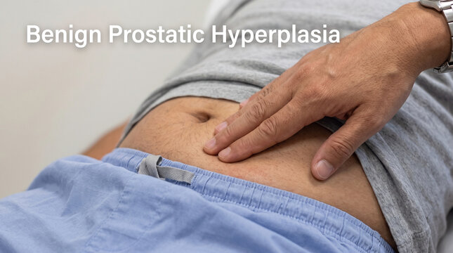 Medical examination showing patient experiencing lower abdominal pain symptoms related to prostate enlargement issues