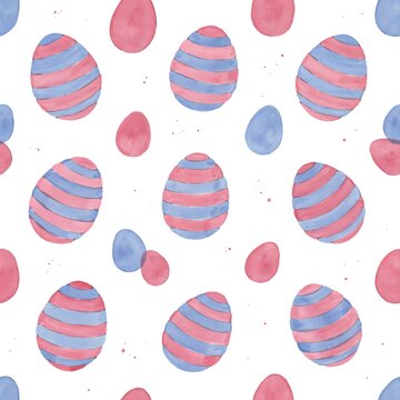 Seamless pattern with watercolor easter eggs in pink and blue stripes on a white background