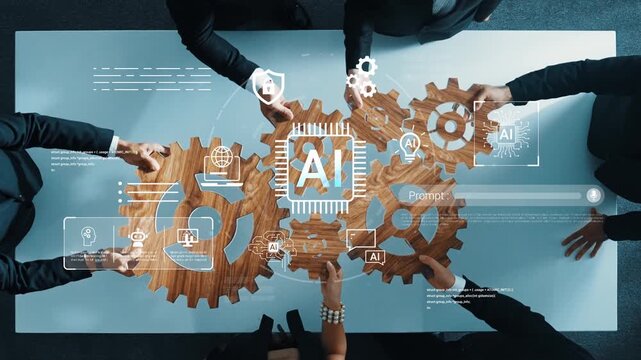 Team Collaborates on Artificial Intelligence Project with Gears and Interactive Graphics Representing Innovation and Technology in Modern Business Environment Gluon.