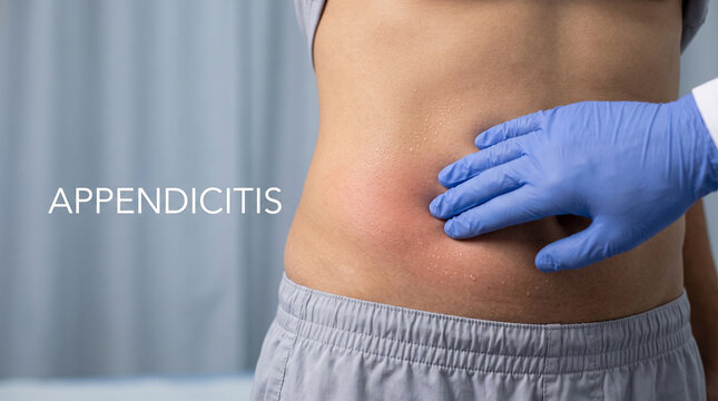 Doctor examining male patient abdomen experiencing severe right lower quadrant pain from acute appendicitis