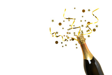 Fototapeta premium Christmas. Champagne bottle pops open, releasing sparkling liquid and golden confetti, PNG