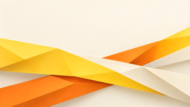 Abstract geometric background with intersecting yellow, orange, and white paper ribbons, creating a modern low poly structure with clean lines and soft lighting for corporate design projects.