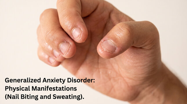 Stressed person biting fingernails due to severe anxiety and excessive nervous sweating indoors