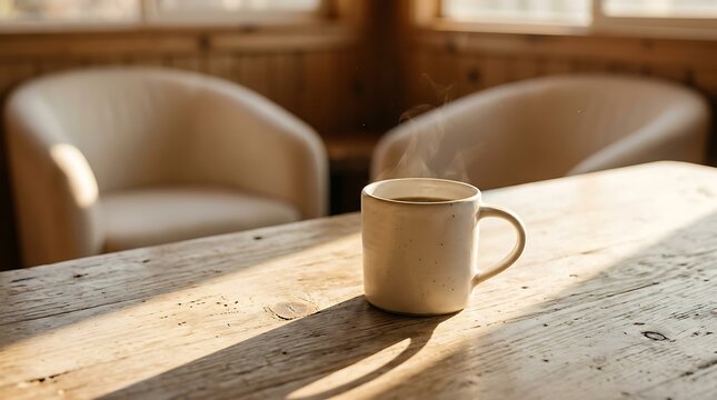 A steaming cup of coffee sits on a rustic wooden table in a cozy, sunlit room with two comfortable chairs in the background, creating a warm and inviting atmosphere