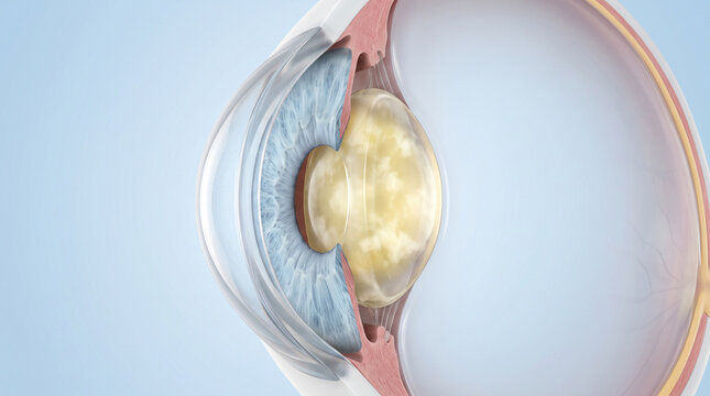 Detailed medical illustration showing human eye anatomy featuring cataract developing inside natural crystalline lens