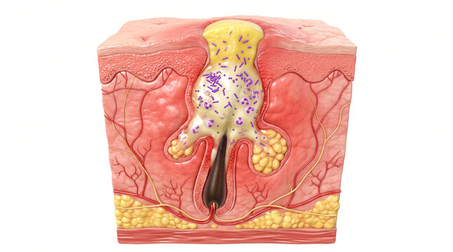 Detailed medical illustration showing human skin layer anatomy with inflammation and bacterial infection causing acne