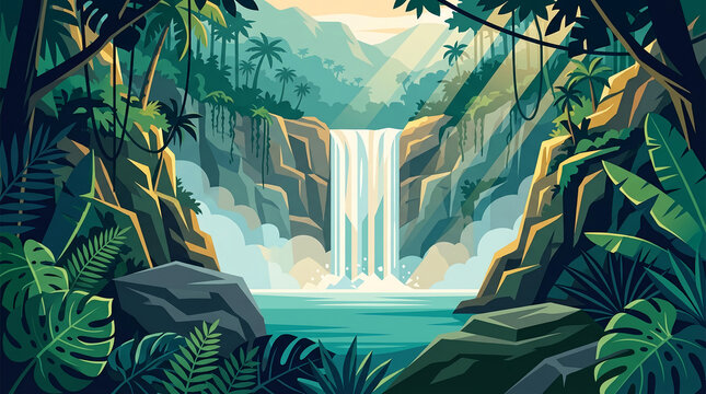 Beautiful tropical rainforest waterfall landscape vector illustration