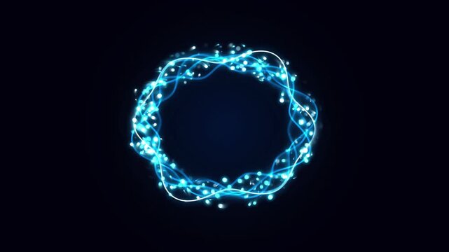 Blue glowing energy ring with particles swirling in circular motion on dark abstract background.