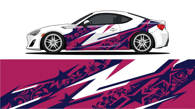 Car Wrap Design with Floral Racing Livery in Pink and Navy Blue