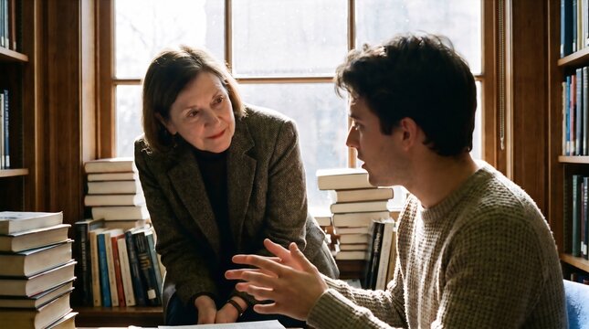 Female Professor Listening to College Student in Library