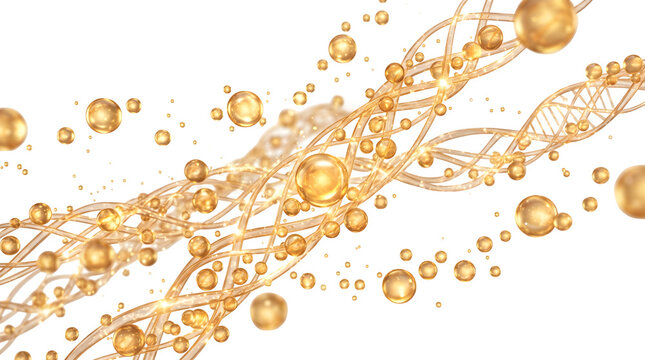 Abstract golden dna structure with floating serum particles isolated on transparent background