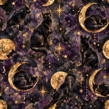 Black cats and golden moons seamless pattern in mystical night sky