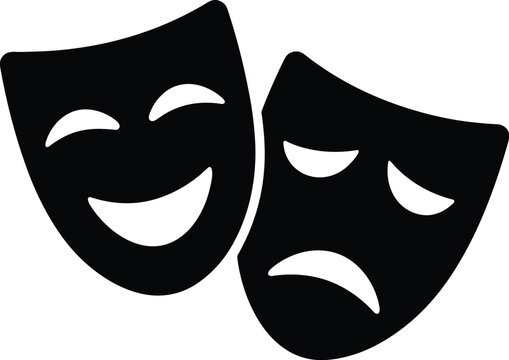 Theater masks icon vector illustration with black comedy and tragedy face silhouettes isolated on clean white background