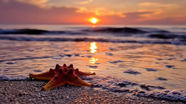The Image Is A Photograph Of A Starfish On A Beach At Sunset The Starfish
