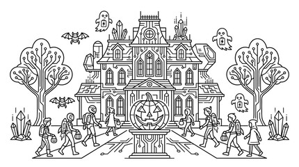 Obraz premium Futuristic cyberpunk haunted house with trick or treaters line art