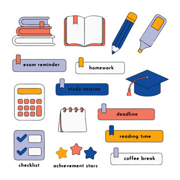 Educational study planner icons and digital stationery stickers collection featuring school supplies and academic labels for student organization