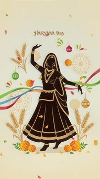Traditional Haryana Day Greeting with Folk Dancer and Wheat Stalks