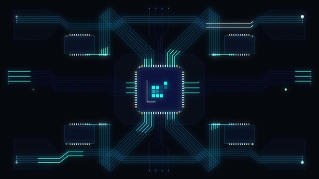 Futuristic microchip technology animation with glowing circuit board tracks, digital processor, cyber security interface, neon blue data stream