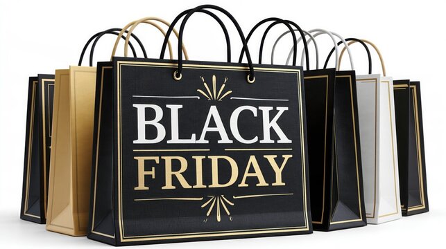 Row of black friday shopping bags in black gold and white colors with gold trim with various colors with trim handles arranged