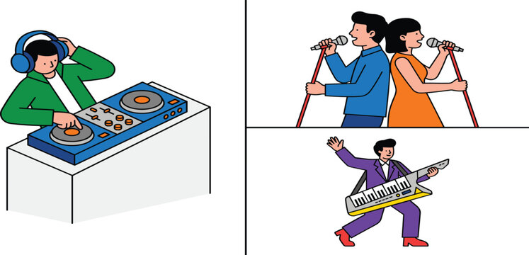 Live Music Performance Vector Character Set Featuring Male DJ at Turntable Mixer, Man and Woman Singing Duet, and Musician Playing Keytar on Stage