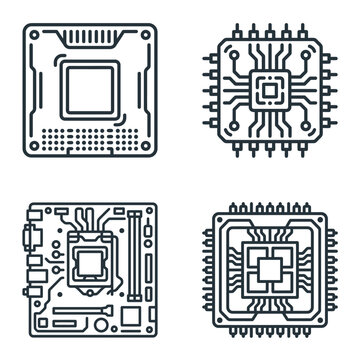 Set of four electronic microprocessor and motherboard circuit board outline icons.
