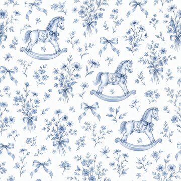 Vintage rocking horse and floral toile pattern on white background