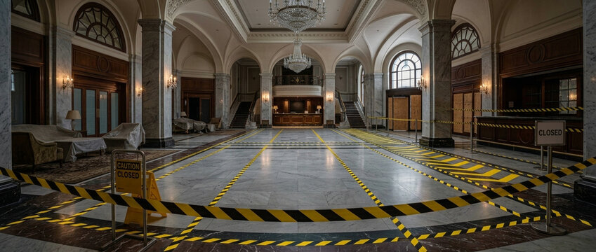 Abandoned grand hotel lobby with caution tape symbolizing closure and quarantine