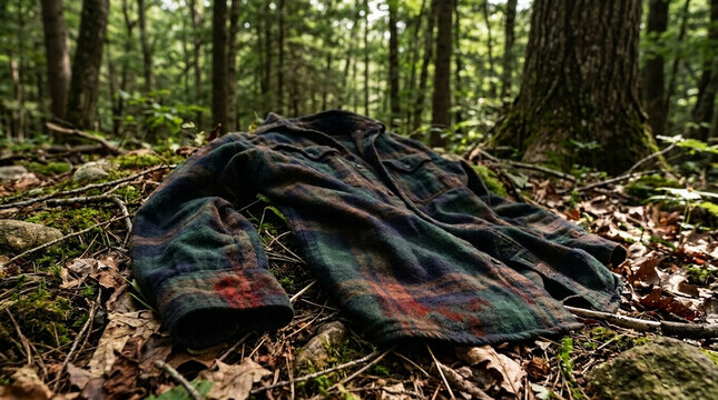 Abandoned Plaid Flannel Shirt on Forest Floor Lost in Nature Mystery Unexplained Disappearance