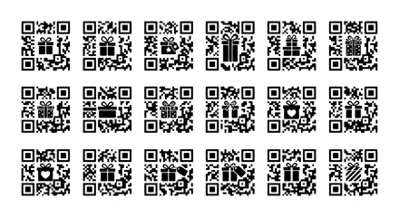 Fototapeta premium 25 Gift Box QR Code Icons, Festive Present Symbols, Digital Scan Codes, Vector Graphics