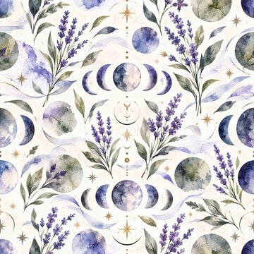 Seamless watercolor pattern featuring moon phases and lavender
