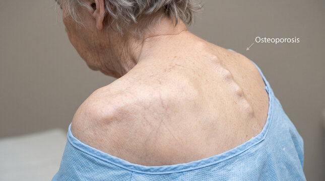 Senior woman showing signs of osteoporosis with visible spinal curvature and hump on her back