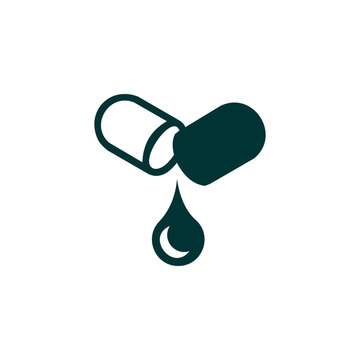 A stylized dark green vector icon of an open medicinal capsule dripping a liquid drop against a white background