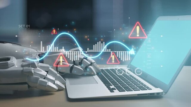 A robotic hand interacts with a laptop displaying warning alerts and data visualization, showcasing advanced technology and potential cybersecurity challenges in a modern workspace. Salient