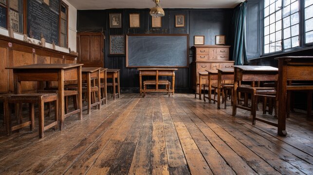 Traditional school classroom interior with polished wooden floors, wooden desks and chairs, educational furniture, organized student seating, and a warm academic atmosphere for learning, teaching, edu