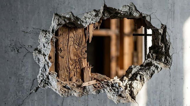 Large irregular hole in a gray concrete wall revealing weathered wooden inner structure and reinforcement bars in a construction or demolition site