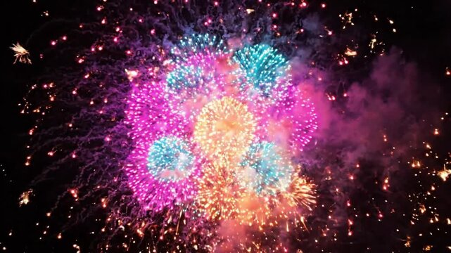 Vibrant colorful fireworks exploding in the dark night sky creating a festive and joyful celebration atmosphere