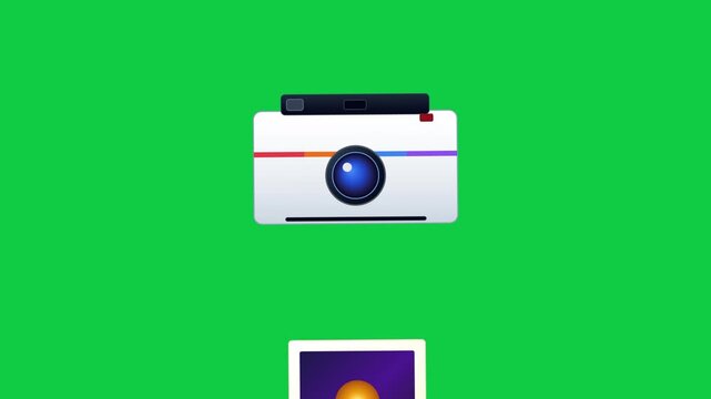 Flat vector instant camera illustration printing a retro photograph on a solid green background