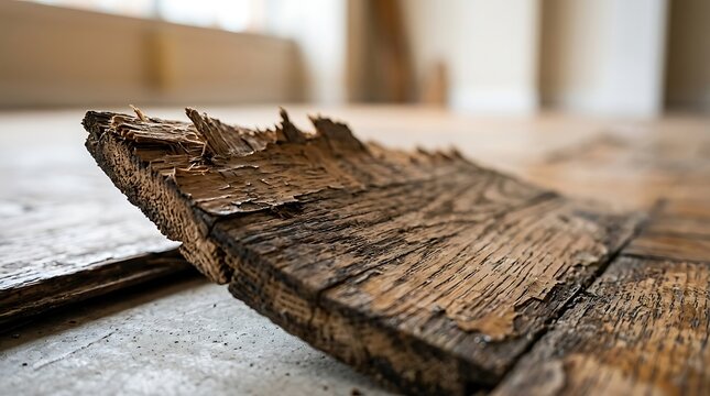 Severely Damaged and Splintered Hardwood Floorboard Close-up, Old Rotten Wood Flooring in Need of Renovation and Repair