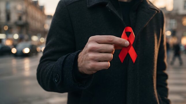 Person Holding Red AIDS Ribbon Pin in Support of HIV Awareness