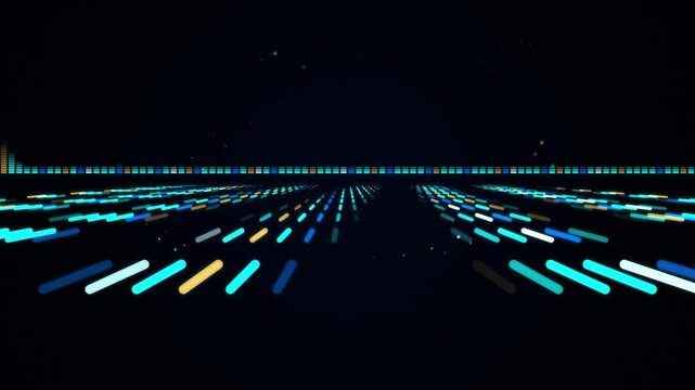 Abstract music equalizer visualizer with glowing light bars moving in dark digital atmosphere.