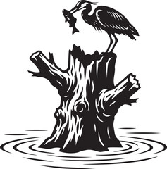 Fototapeta premium Vintage heron silhouette standing on tree stump with fish, monochrome linocut bird vector emblem, rustic wildlife woodcut logo design