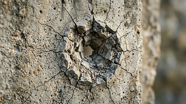 Close-up of a Bullet Hole Impact in a Damaged and Cracked Concrete Wall Surface