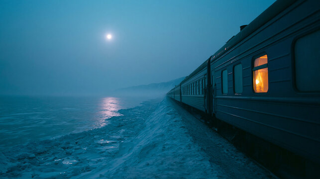 Passenger train travels alongside icy coastline during moonlit night with warm light from window for winter rail journey.
